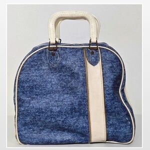 VTG Brunswick Bowling Bag Unisex Blue & White Stripe Handles Metal Rack